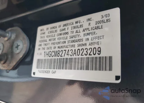 2003 Honda Accord 3.0 Ex from USA, damaged, VIN 1HGCM82743A023209